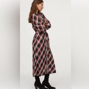 H&M Plaid Button-Front Maxi/Midi Shirt Dress with Waist Tie